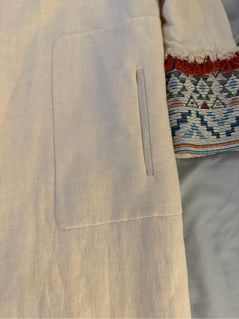 Zara Cream Open-Front Fringe Trim Coat with Embroidered Cuffs - Picture 7 of 7
